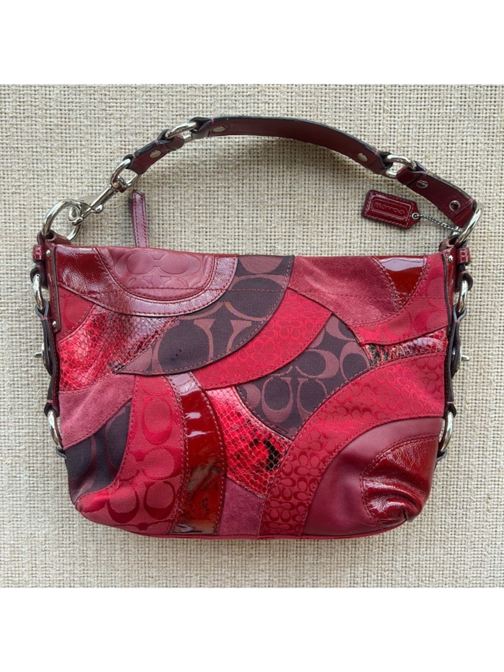 Vintage Zoe Coach Patchwork Red and Brown Shoulder Bag - Picture 2 of 10